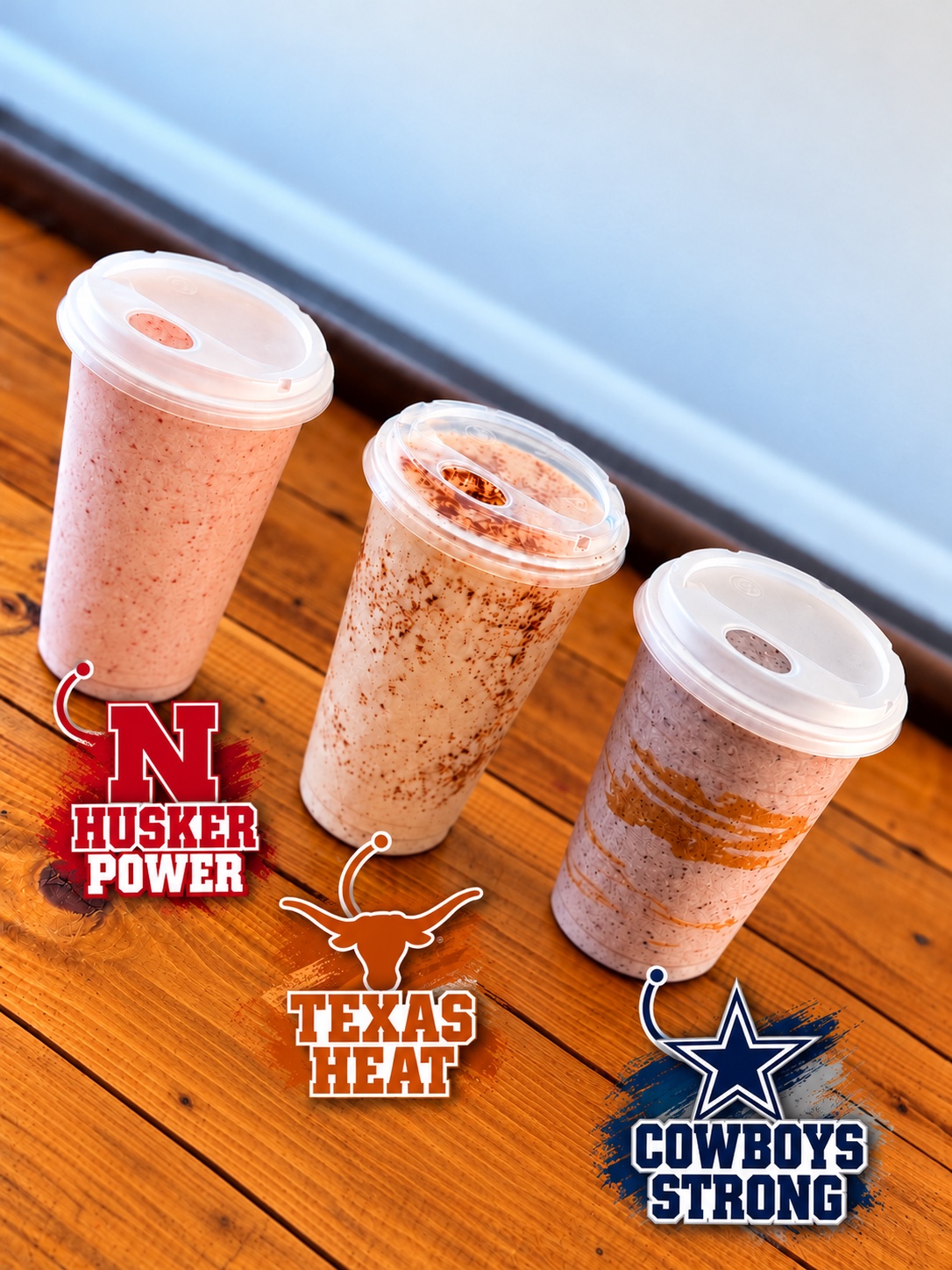 Husker Power on the left, Texas Heat in the middle, and Cowboys Strong on the right